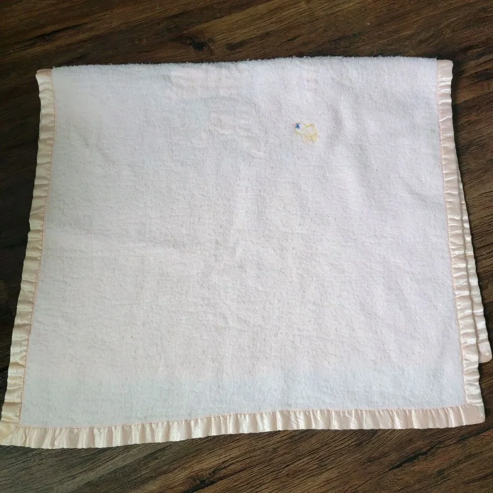 Vintage Pastel Pink Baby Blanket Applique Bunnies Mushroom Bird flower satin tri